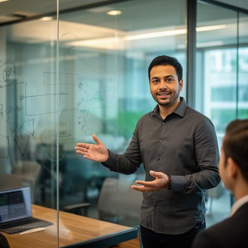 Singapore AI architect discussing a machine learning system beside a glass meeting room