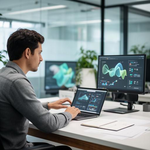 Singapore data scientist analysing language and supply chain charts at a modern office desk
