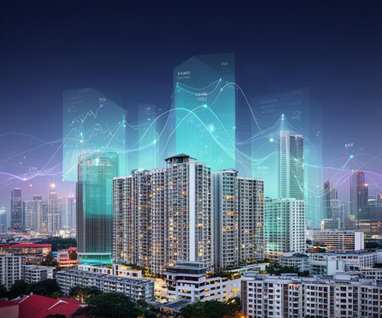Singapore skyline with layered property valuation data and glowing analytics points across residential towers